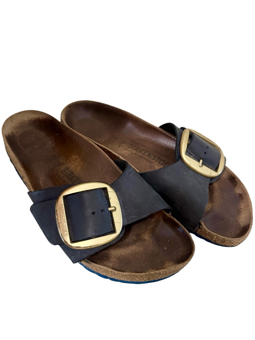 Navy Birkenstock Madrid Leather Slide Sandals with Gold Buckle Accent Size 39